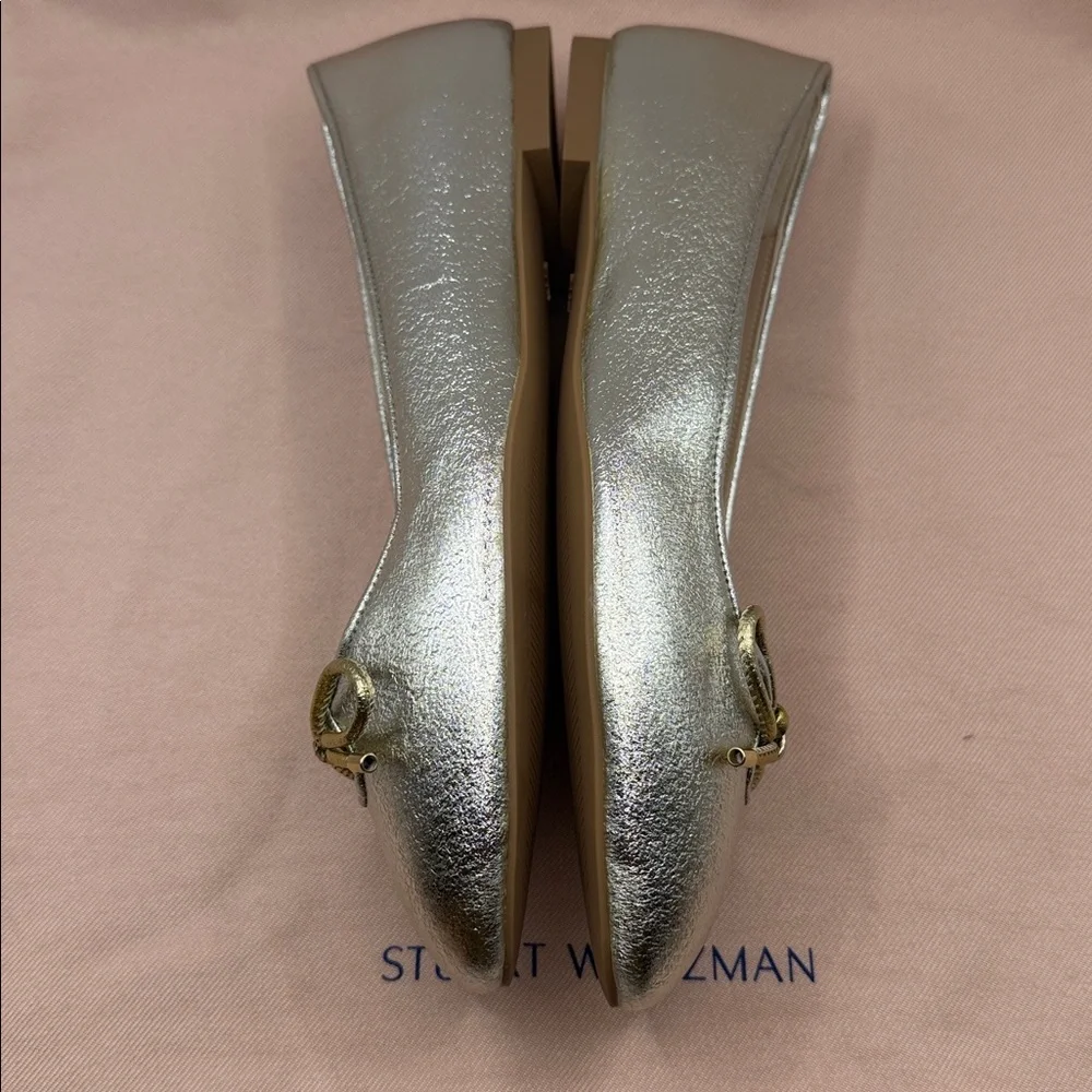 Stuart Weitzman Women's Gabby Flats, Platino, Gold, Metallic, US 7.5, NWOT